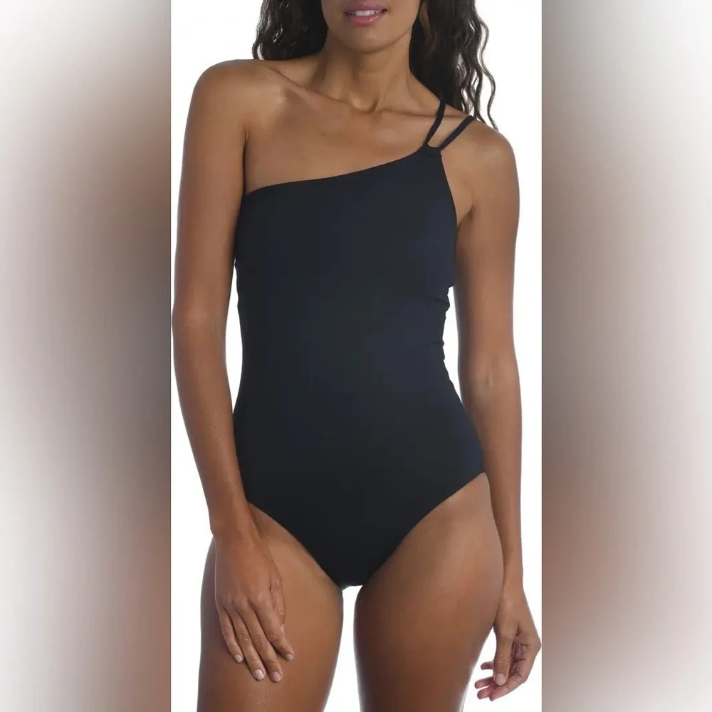NWOT La Blanca Goddess One-Shoulder One-Piece Swimsuit Black Size 16